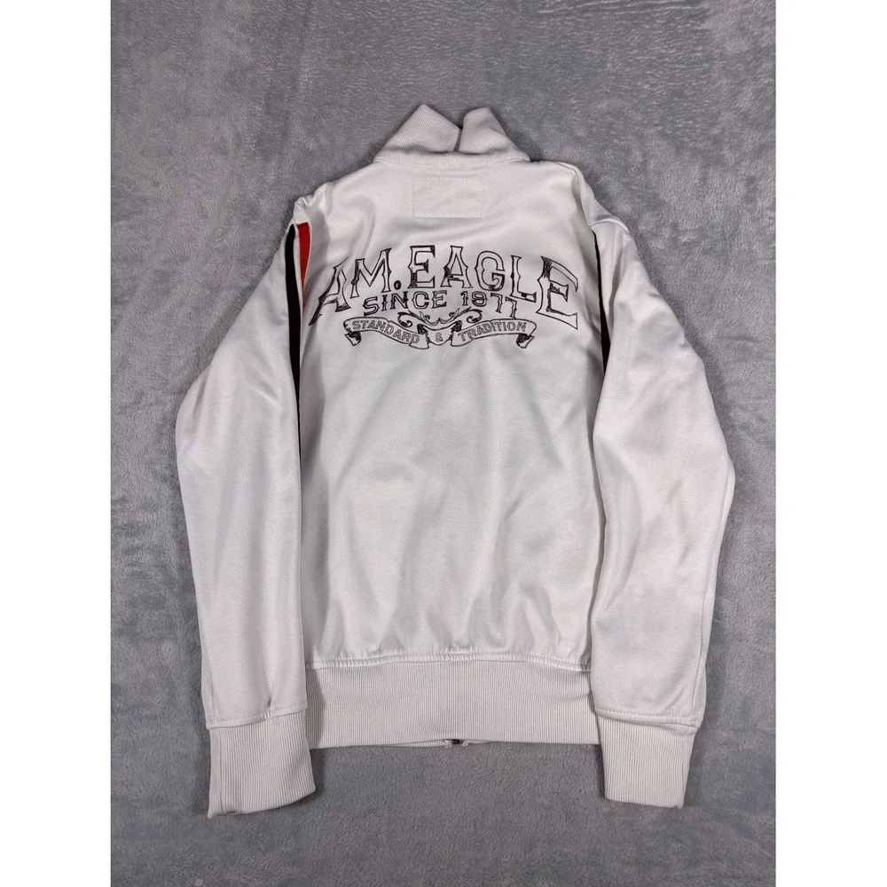 Y2K American Eagle Track Jacket Mens S White Full Zip Striped Embroidered